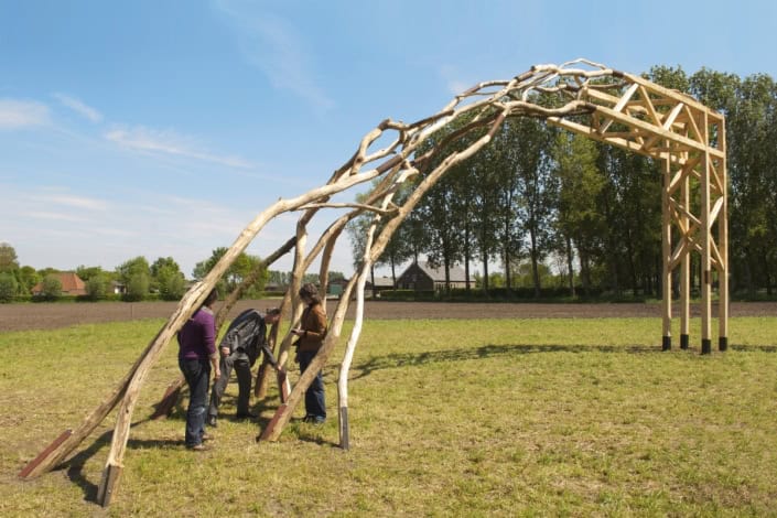 Unieke houten boog gemaakt van natuurlijke takken.